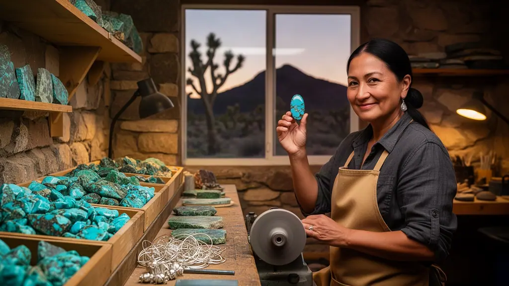 A silversmith holds up a polished turquoise stone at her bench heaped with turquoise, Joshua trees through the window.